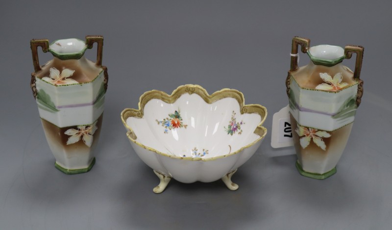 A pair of Noritake vases, height 14.5cm and a similar footed dish